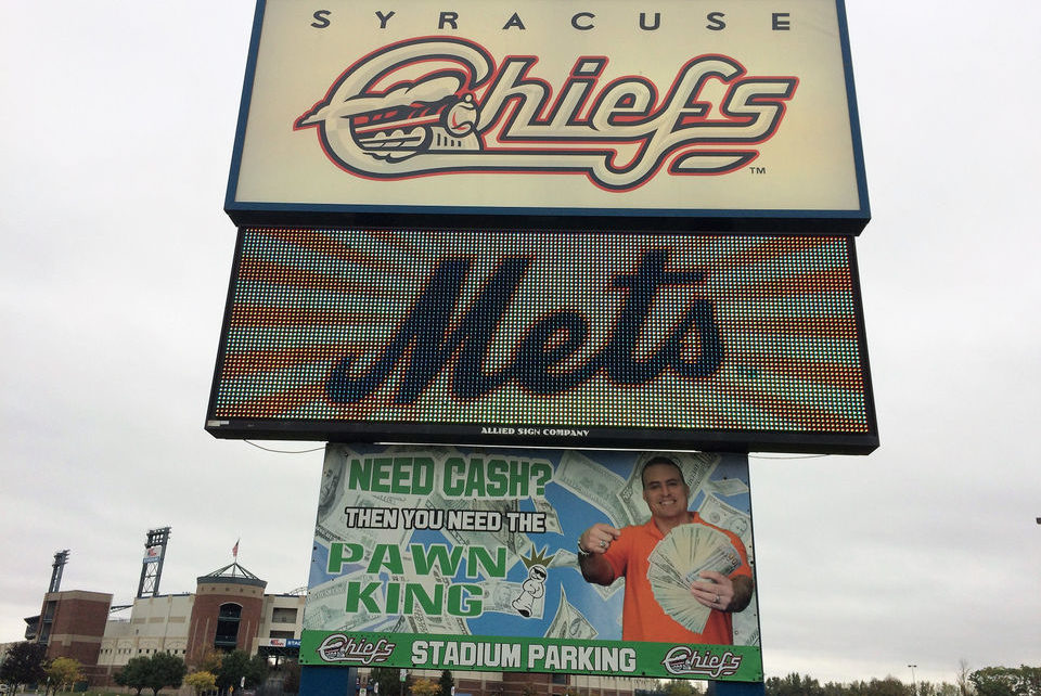 A sign outside of NBT Bank Stadium.