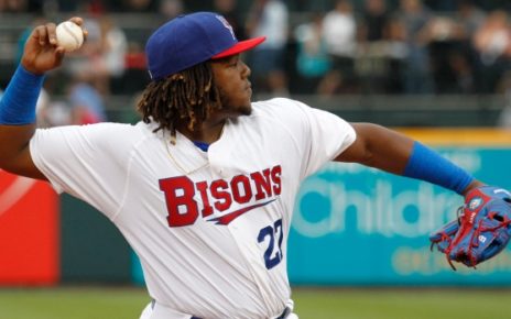 Vladimir Guerrero Jr. throwing a ball while with the Buffalo Bisons.