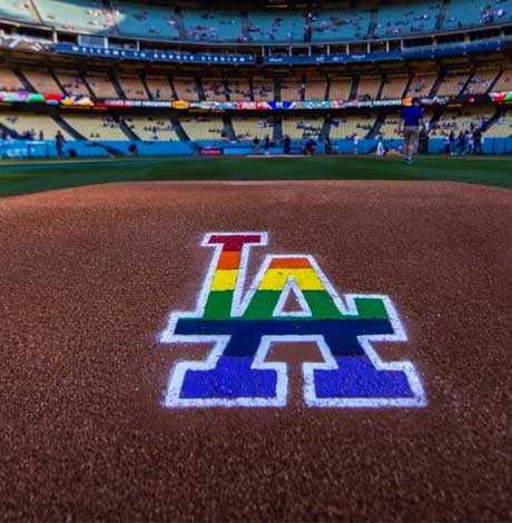 Los Angeles Dodgers decorate their mound for Pride Day.
