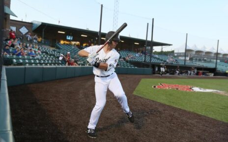 A River City Rascals player in the on-deck circle.