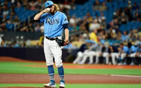 A Tampa Bay Rays pitcher deep in thought.
