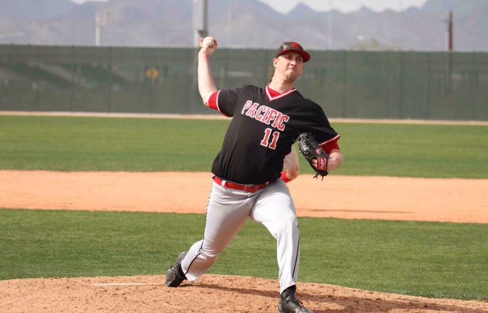 Spencer Backstrom pitching for Pacific University